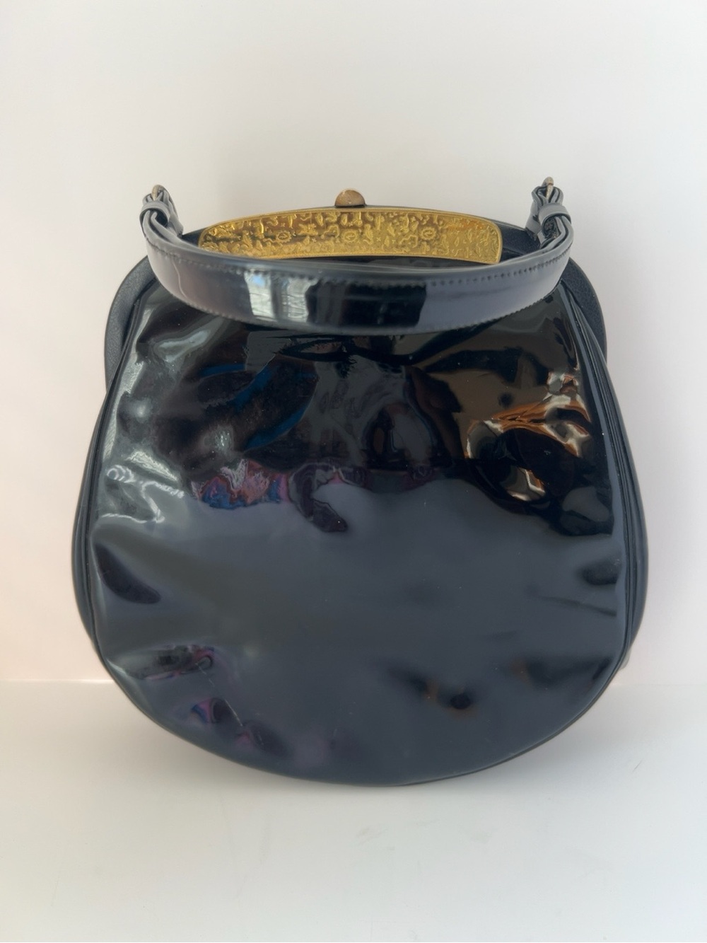 Vintage Lewis Black Patent Handbag 1960s Gold Hardware Structured Top Handle - Picture 4 of 11